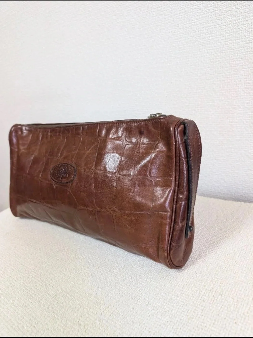Mulberry Brown Croc-Embossed Leather Cosmetic Pouch